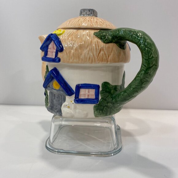 Vintage Ceramic Cottage Tea Pot Hand Painted. (6" H. x. 9" L.  x. 5" W) - Picture 2 of 10